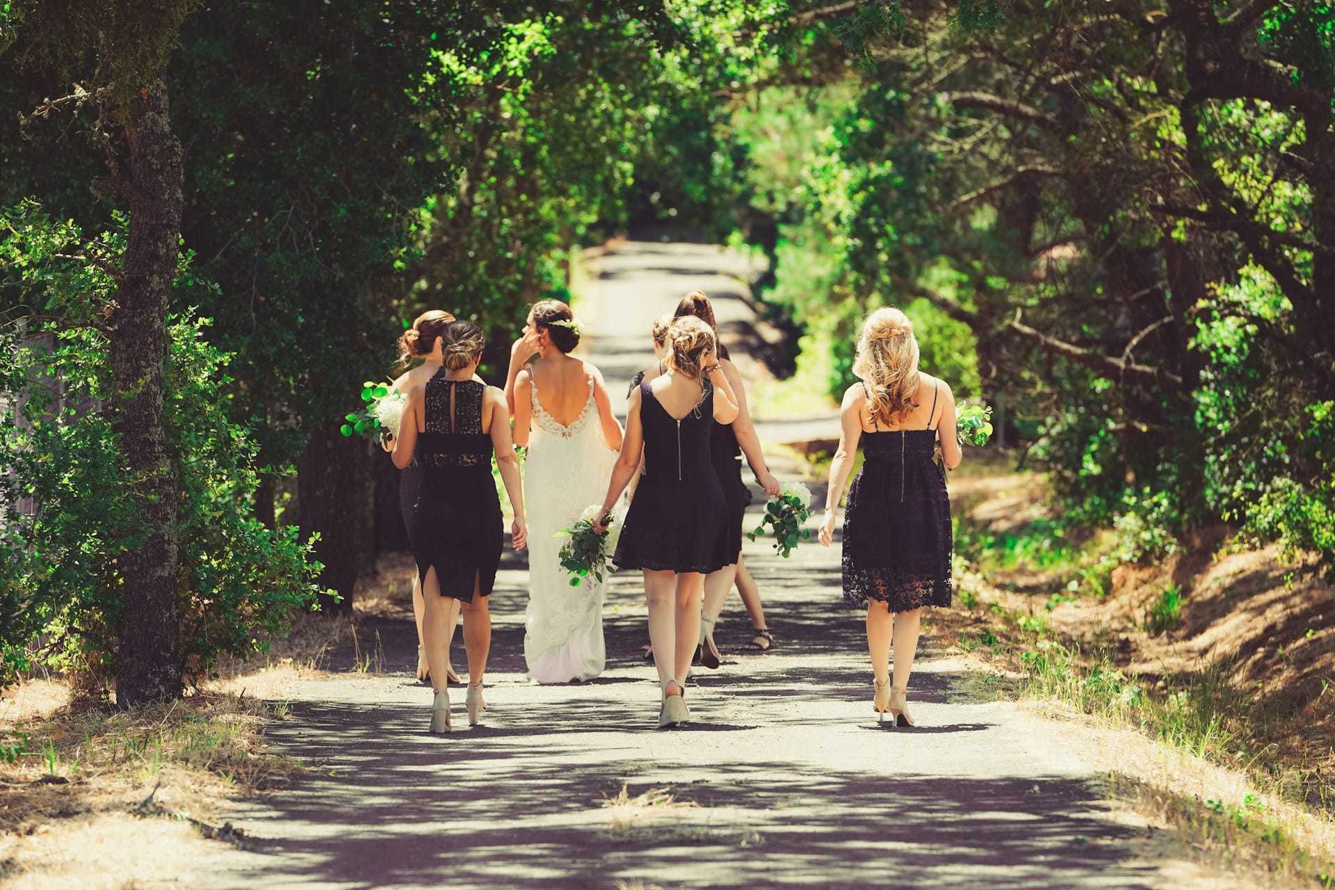 A bride and bridesmaids walk down a sunlit forest path, holding bouquets with backs turned.